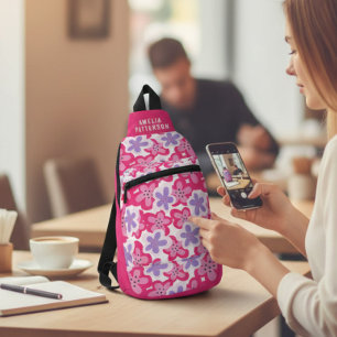 Modern Tropical Pink Floral Personalized Name Sling Bag