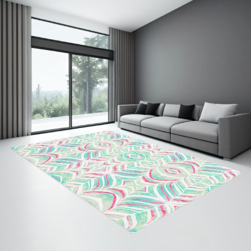 Modern tropical pink teal abstract leaf watercolor rug
