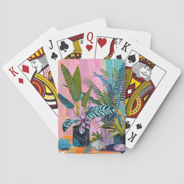 Modern Tropical Plant Print – Pink and Green  Poker Cards (Back)