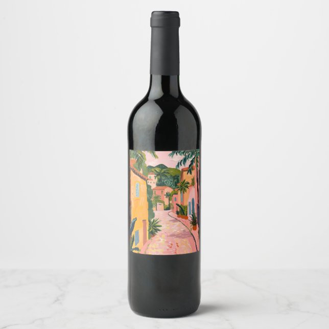 Modern Tropical Plant Print – Pink and Green  Wine Label (Front)