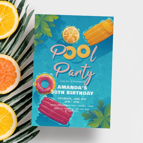 Modern Tropical Pool Party Any Year Birthday Invitation