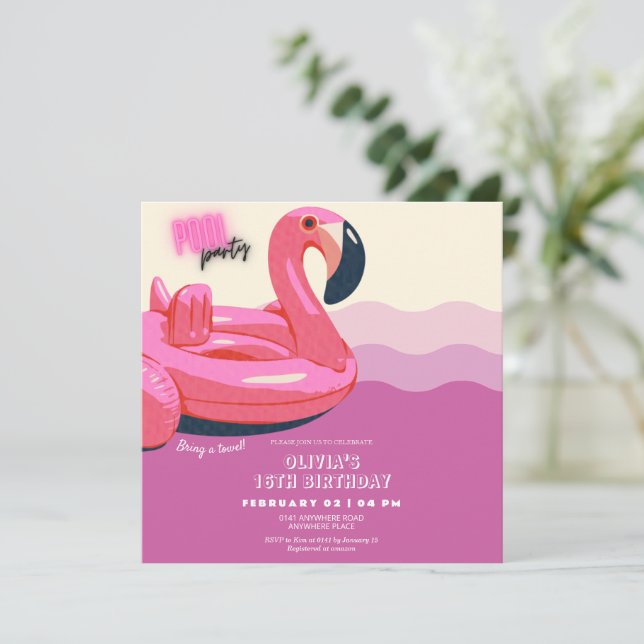 modern tropical pool party girl birthday invitation (Standing Front)