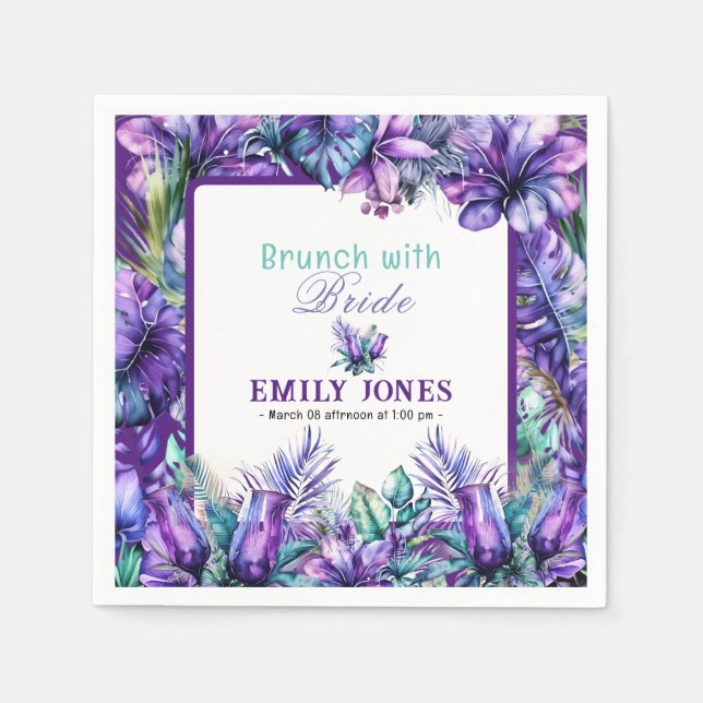 Modern tropical purple floral bridal brunch napkins (Front)