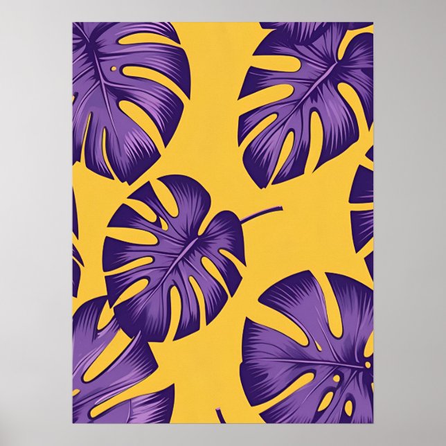 Modern Tropical Purple Leaves - Vibrant Yellow Art Poster (Front)