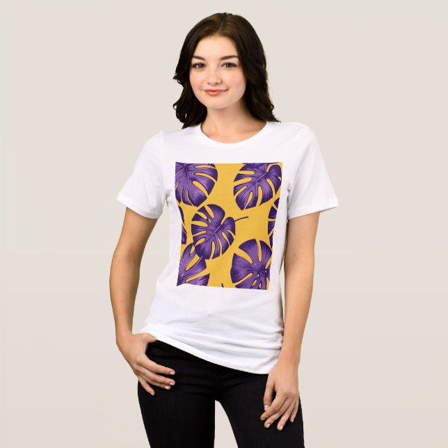 Modern Tropical Purple Leaves - Vibrant Yellow Bac Tri-Blend Shirt (Front Full)
