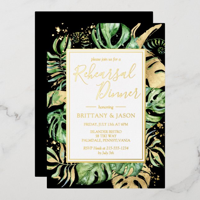 Modern Tropical Rehearsal Dinner Black & Gold Foil Invitation (Front/Back)