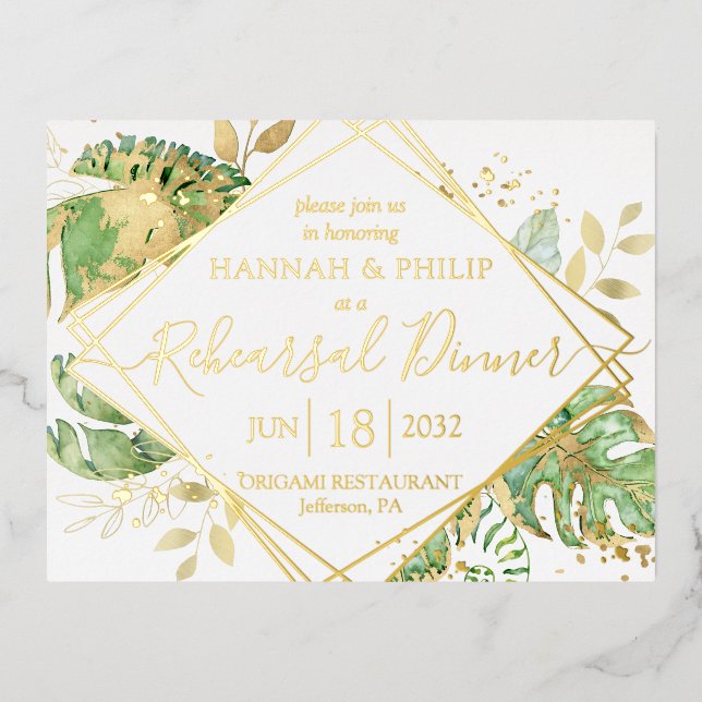 Modern Tropical Rehearsal Dinner Gold Foil Invitation Postcard (Front)