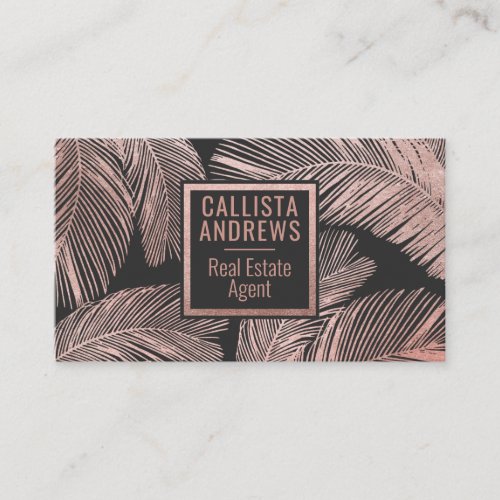 Modern Tropical Rose Gold Black Palm Tree Leaf Business Card