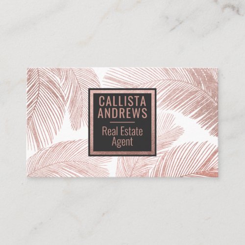 Modern Tropical Rose Gold White Palm Tree Leaf Business Card