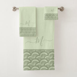 Modern Tropical Sage Green Seashell Shell Elegant Bath Towel Set