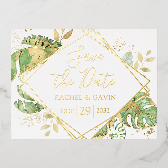 Modern Tropical Save the Date Foil Invitation Postcard (Front)