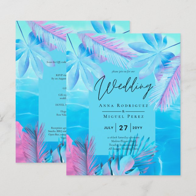Modern Tropical Summer Aqua Blue Pink Wedding (Front/Back)
