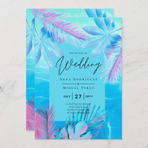 Modern Tropical Summer Aqua Blue Pink Wedding Invitation