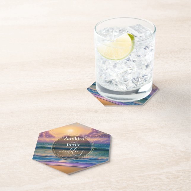 Modern Tropical Sunset Colorful Beach Paper Coaster (Insitu)