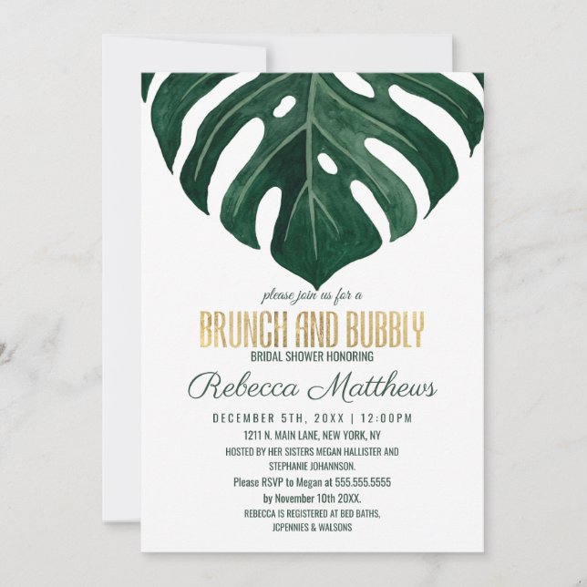 Modern Tropical Swiss Cheese Gold Brunch Bubbly Invitation (Front)