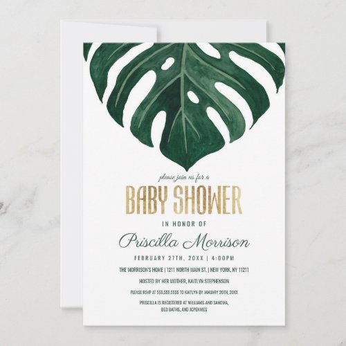 Modern Tropical Swiss Cheese Leaf Gold Baby Shower Invitation