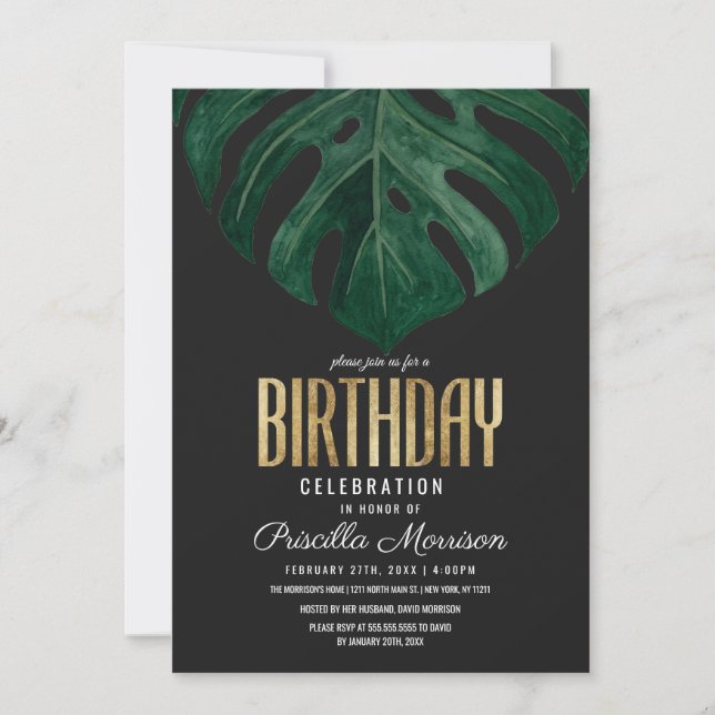 Modern Tropical Swiss Cheese Leaf Gold Birthday Invitation (Front)