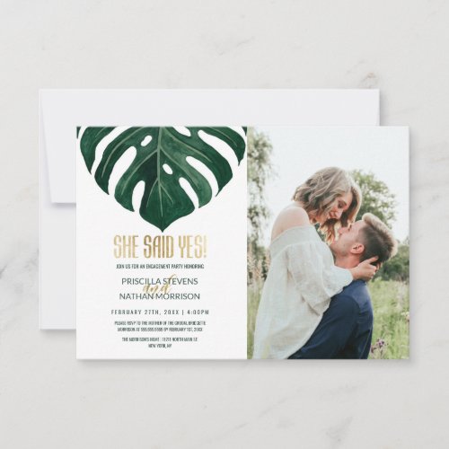Modern Tropical Swiss Cheese Leaf Gold Engagement Announcement