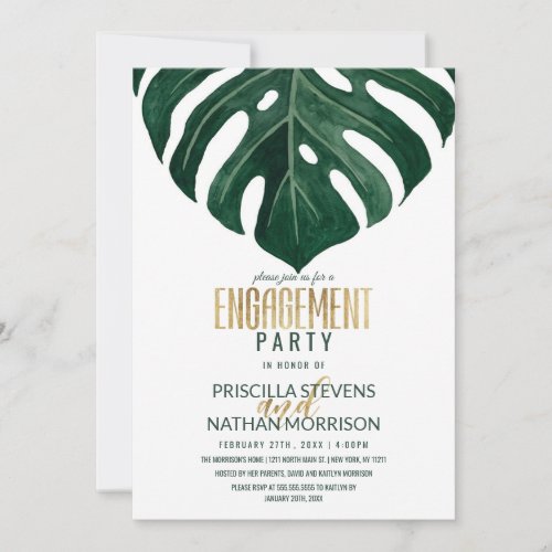Modern Tropical Swiss Cheese Leaf Gold Engagement Invitation