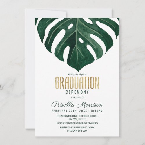 Modern Tropical Swiss Cheese Leaf Gold Graduation