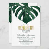 Modern Tropical Swiss Cheese Leaf Gold Graduation Invitation (Front/Back)