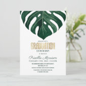 Modern Tropical Swiss Cheese Leaf Gold Graduation Invitation (Standing Front)