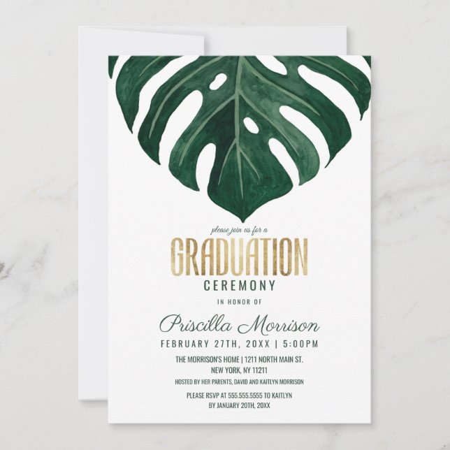 Modern Tropical Swiss Cheese Leaf Gold Graduation Invitation (Front)
