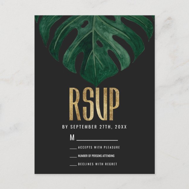 Modern Tropical Swiss Cheese Leaf Gold RSVP Postcard (Front)