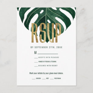 Modern Tropical Swiss Cheese Leaf Gold RSVP Postcard