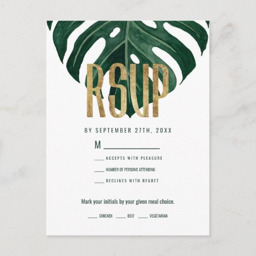 Modern Tropical Swiss Cheese Leaf Gold RSVP Postcard