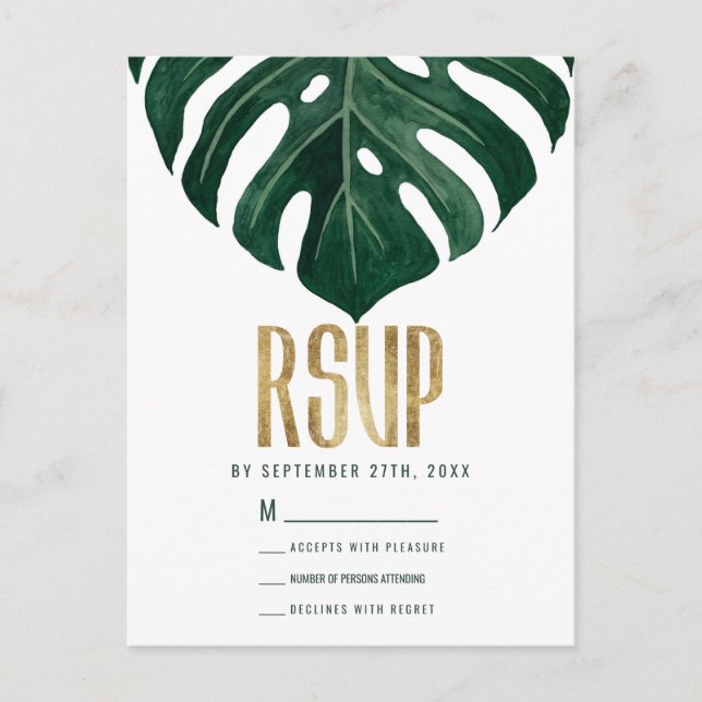 Modern Tropical Swiss Cheese Leaf Gold RSVP Postcard (Front)