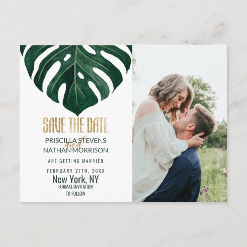 Modern Tropical Swiss Cheese Leaf Gold Save Date Postcard