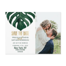 Modern Tropical Swiss Cheese Leaf Gold Save Date