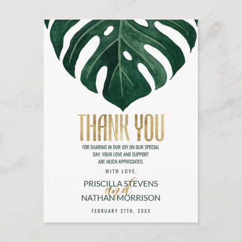 Modern Tropical Swiss Cheese Leaf Gold Thank You Postcard