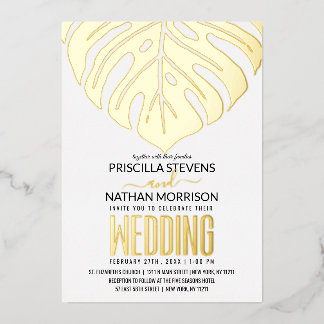 Modern Tropical Swiss Cheese Leaf Gold Wedding Foil Invitation