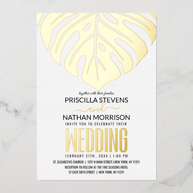 Modern Tropical Swiss Cheese Leaf Gold Wedding Foil Invitation (Front)