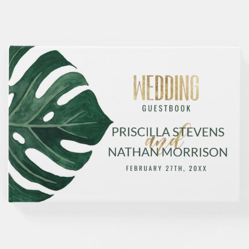 Modern Tropical Swiss Cheese Leaf Gold Wedding Guest Book