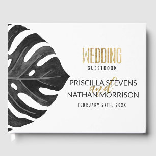 Modern Tropical Swiss Cheese Leaf Gold Wedding Guest Book