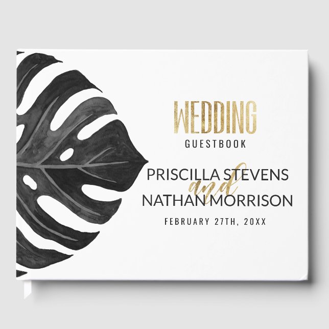 Modern Tropical Swiss Cheese Leaf Gold Wedding Guest Book (Front)