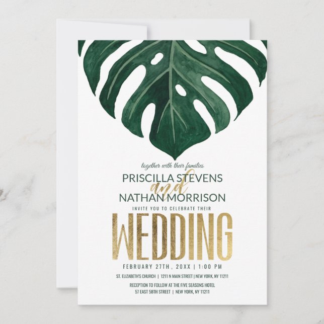 Modern Tropical Swiss Cheese Leaf Gold Wedding Invitation (Front)