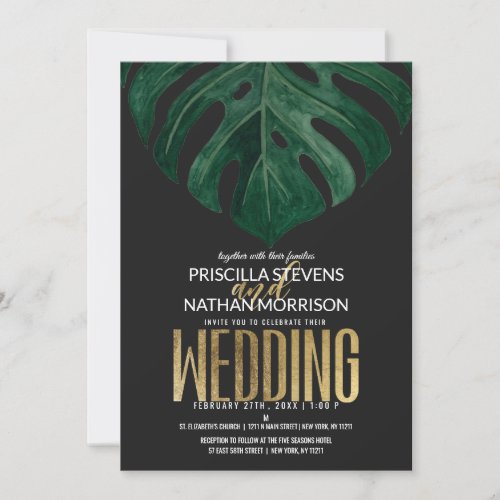 Modern Tropical Swiss Cheese Leaf Gold Wedding Invitation