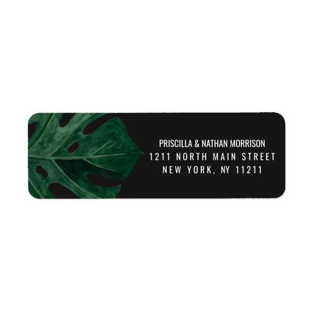 Modern Tropical Swiss Cheese Leaf Gold Wedding Label (Front)