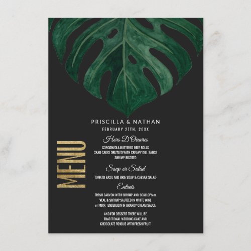 Modern Tropical Swiss Cheese Leaf Gold Wedding Menu