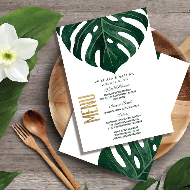 Modern Tropical Swiss Cheese Leaf Gold Wedding Menu (Creator Uploaded)