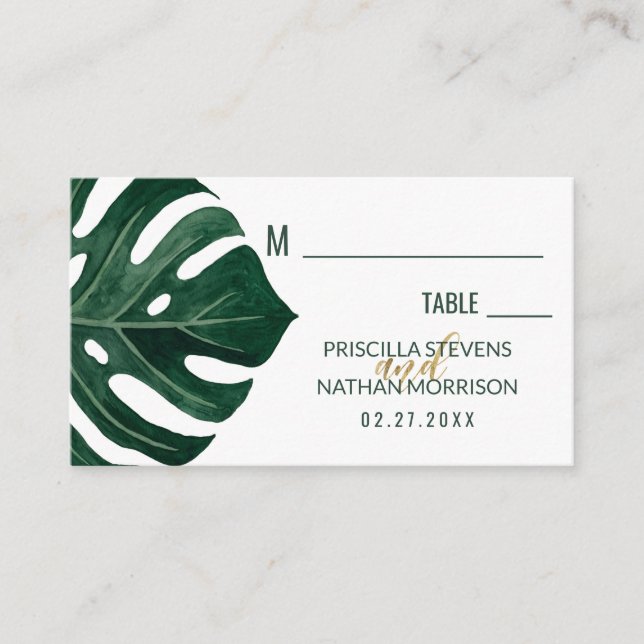 Modern Tropical Swiss Cheese Leaf Gold Wedding Place Card (Front)