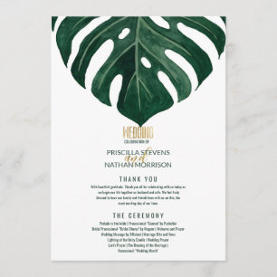 Modern Tropical Swiss Cheese Leaf Gold Wedding Program