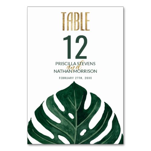 Modern Tropical Swiss Cheese Leaf Gold Wedding Table Number