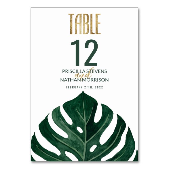 Modern Tropical Swiss Cheese Leaf Gold Wedding Table Number (Front)