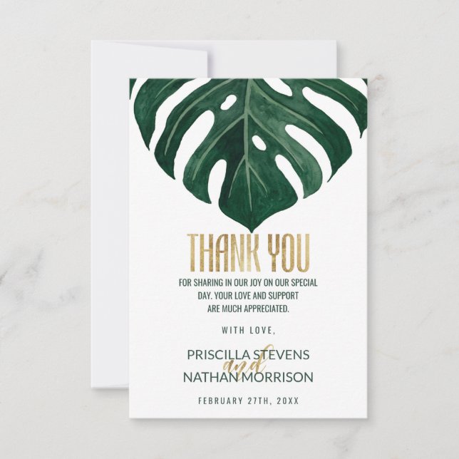 Modern Tropical Swiss Cheese Leaf Gold Wedding Thank You Card (Front)