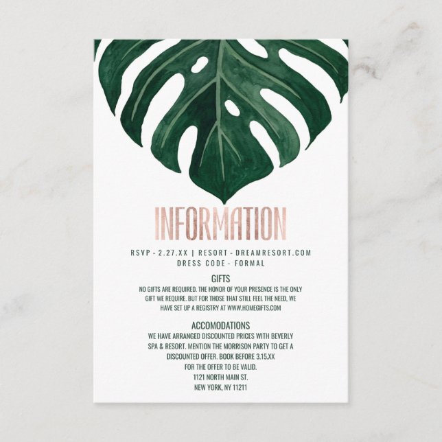 Modern Tropical Swiss Cheese Leaf Rose Gold Detail Enclosure Card (Front)